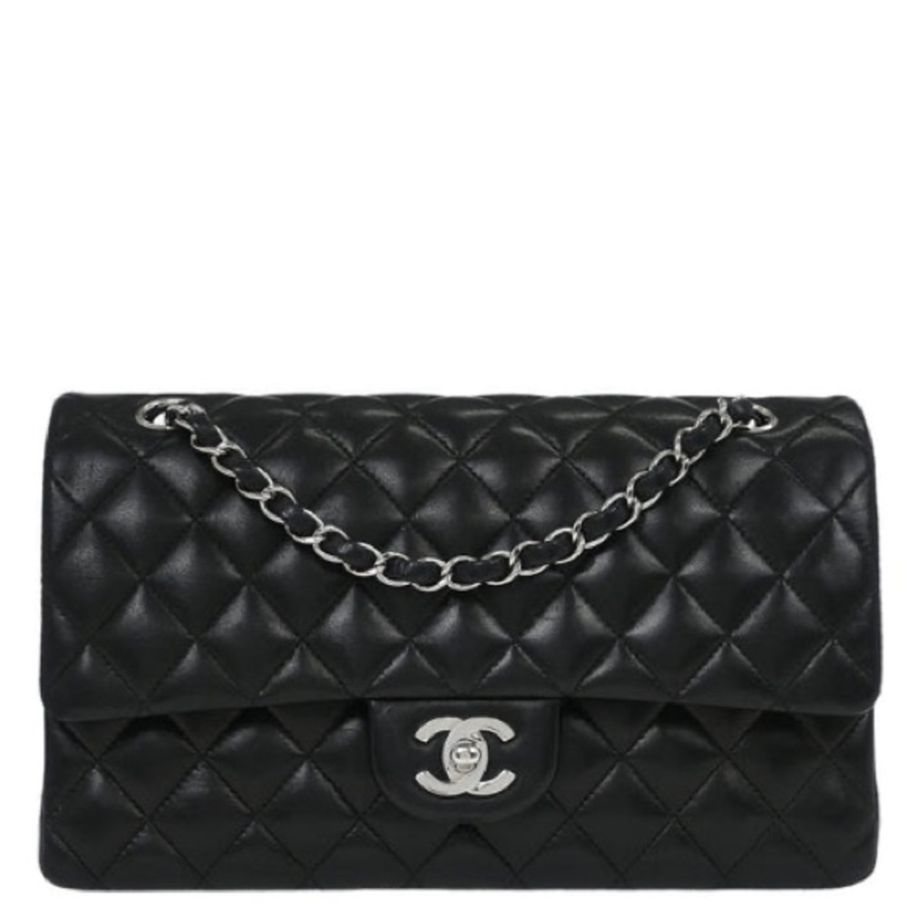Chanel 1989-1991 Black Lambskin Medium Classic Double Flap Shoulder Bag